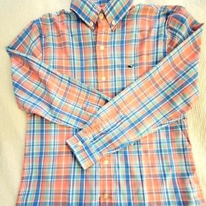 Vineyard Vines pink and blue plaid boys shirt